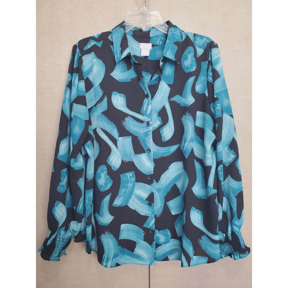 Chico's Blue/Teal Brushstroke Balloon Sleeve Button-Up Blouse Size 2 Large